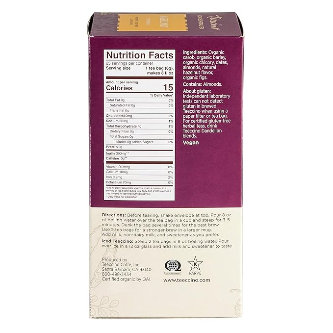 Teeccino Hazelnut Herbal Tea - Rich & Roasted Herbal Tea That’s Caffeine Free & Prebiotic for Natural Energy, 25 Tea Bags (Pack of 3)