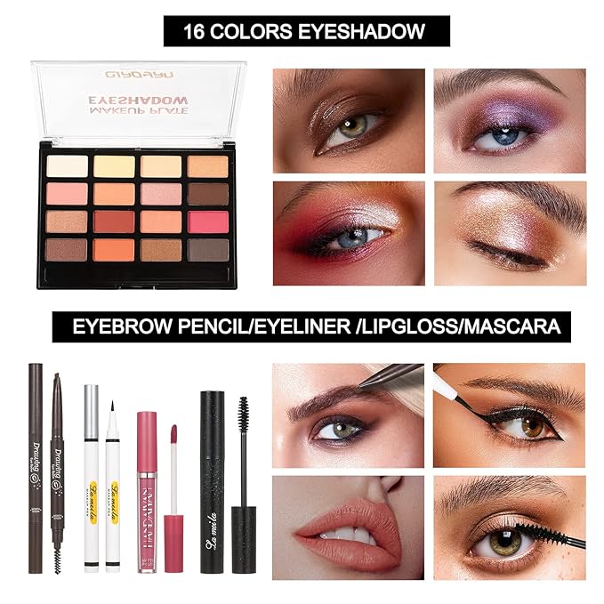 All in One Makeup Kit For Women Girls Teens Makeup set 16 Colors Eyeshadow Palette Foundation Eyeliner Contouring Stick Lip Gloss Eyebrow Mascara Makeup Brushes Makeup Gift Sets