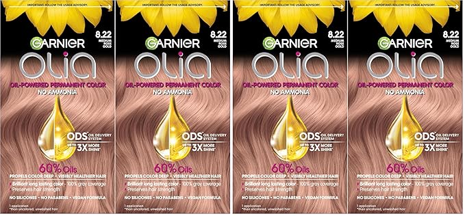 Garnier Hair Color Olia Ammonia-Free Brilliant Color Oil-Rich Permanent Hair Dye, 8.22 Medium Rose Gold, 2 Count (Packaging May Vary) (Pack of 2)