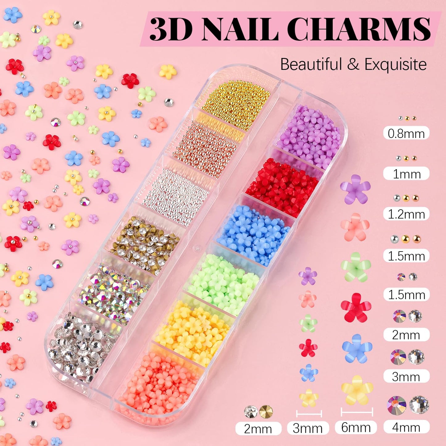 3D Nail Charms, Butterfly White Pink Acrylic Flower Starry AB Gemstones Caviar Beads Half Round Pearl, Flat Back Glass Crystal AB + Clear Round Gems Rhinestones for Nails with Pickup & Dotting Tools