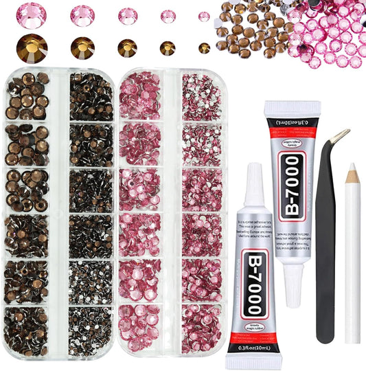 Brown And Pink Rhinestones with Glue(S8-S30) for Bedazzling,2mm-6mm Non-Hotfix Flatback Nail Gems Beads with B7000, Resin Nail GemsStones Diamond Kit for Bedazzle Crafting, Nails DIY Art Decoration