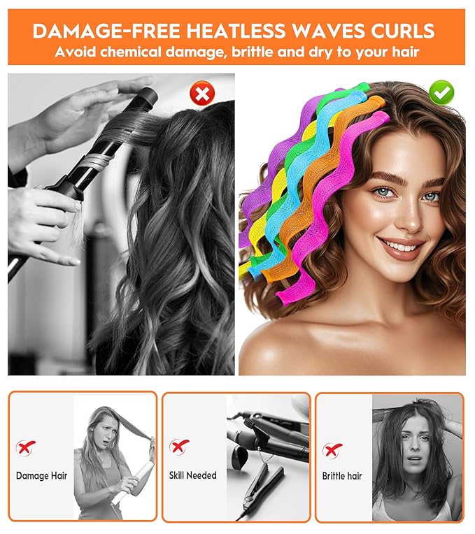 30 Pcs Heatless Hair Curlers Wave Curls Styling Kit with 2 Pcs Styling Hooks, No Heat Hair Curlers Heatless Wave Curlers for Women Girls Long Medium Short Hair (6 Colors, 30 cm/11.81 inch)