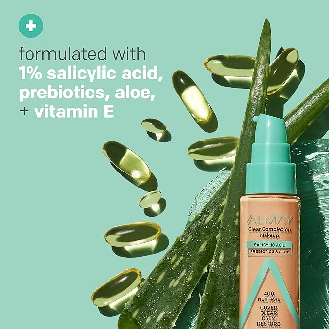 Almay Clear Complexion Acne Foundation Makeup with Salicylic Acid - Lightweight, Medium Coverage, Hypoallergenic, Fragrance-Free, for Sensitive Skin, 600 Sun Beige, 1 fl oz.