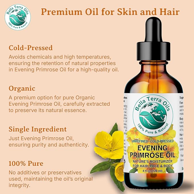Bella Terra Oils - Organic Evening Primrose Oil 8 oz - Harvested for Excellence, Packed with Nutrients & Omega-6, Perfect Elixir for Enhancing Natural Beauty