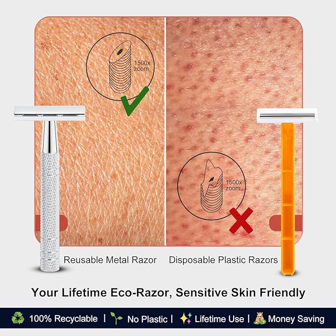 Double Edge Safety Razor with Stand, Single Blade Razors for Men and Women, Metal 1 Blade Razor, with 10 Platinum Coated Stainless Steel Double Edge Blades, Smooth and Close Shave, Silver