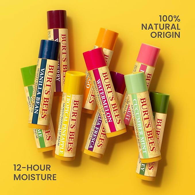 Burt's Bees Lip Balm - Original Beeswax, Cucumber Mint, Watermelon & Sweet Mandarin, With Responsibly Sourced Beeswax, Tint-Free, Natural Origin Treatment, 4 Tubes, 0.15 oz.