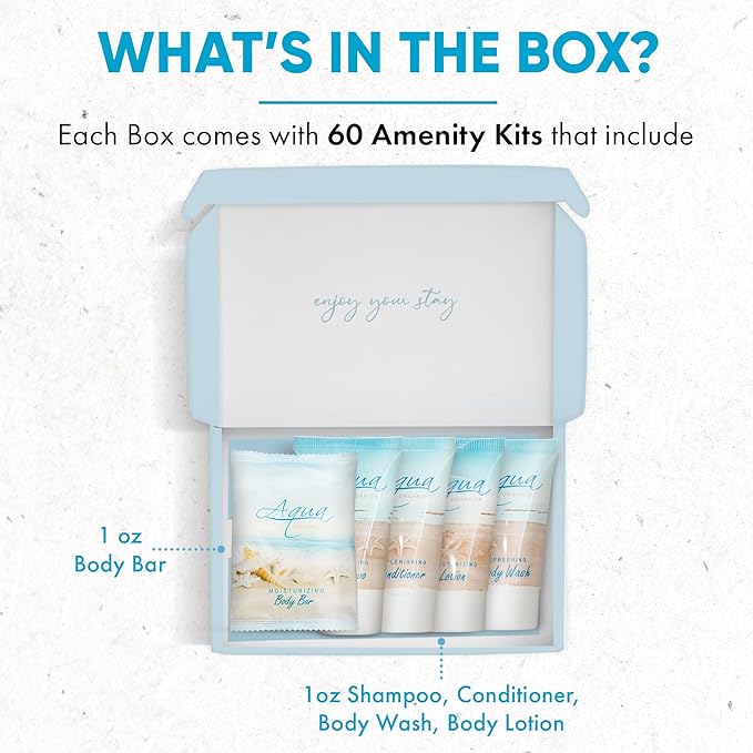 Aqua Organics Amenity Kit|Boxed Hotel Toiletries|Bulk Set 1 oz Travel Size Shampoo, Conditioner, Lotion, Body Wash & Bar Soap for Guest Hospitality AirBnB/Vacation Rentals|300 Pieces