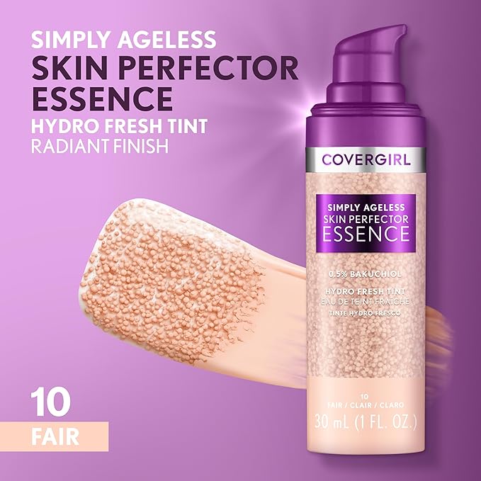 Covergirl Simply Ageless Skin Perfector Essence Foundation, 10 Fair, Tinted Skin Perfector, Skincare Makeup Hybrid, Sheer Tint, Radiant Finish, Skin-Like Finish, Vegan Formula, 1.0oz