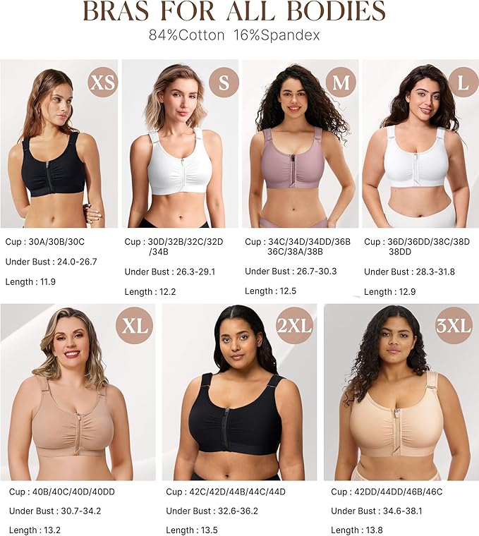 BRABIC Zip Front Closure Everyday Bra for Women Post Surgery Compression Support with Adjustable Straps Wirefree