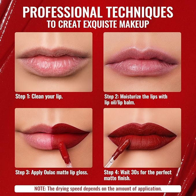 Oulac Matte Liquid Red Lipstick for Women, Deep Red Lip Gloss Creamy Matte Texture, Waterproof, Non-Stick Cup, Extra-Pigmented Lip Tint Stain with Vitamin E & Rose Oil, Vegan, Cruelty-Free, M01