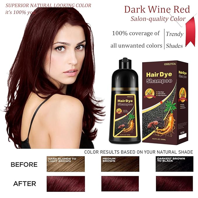 Dark Wine Red Hair Dye Shampoo, 100% Gray Hair Coverage for Men & Women, Instant and Long-lasting Hair Color Shampoo in Minutes, 3 in 1 Pure Plant Extract Natural Hair Dye Kit for All Hair Types