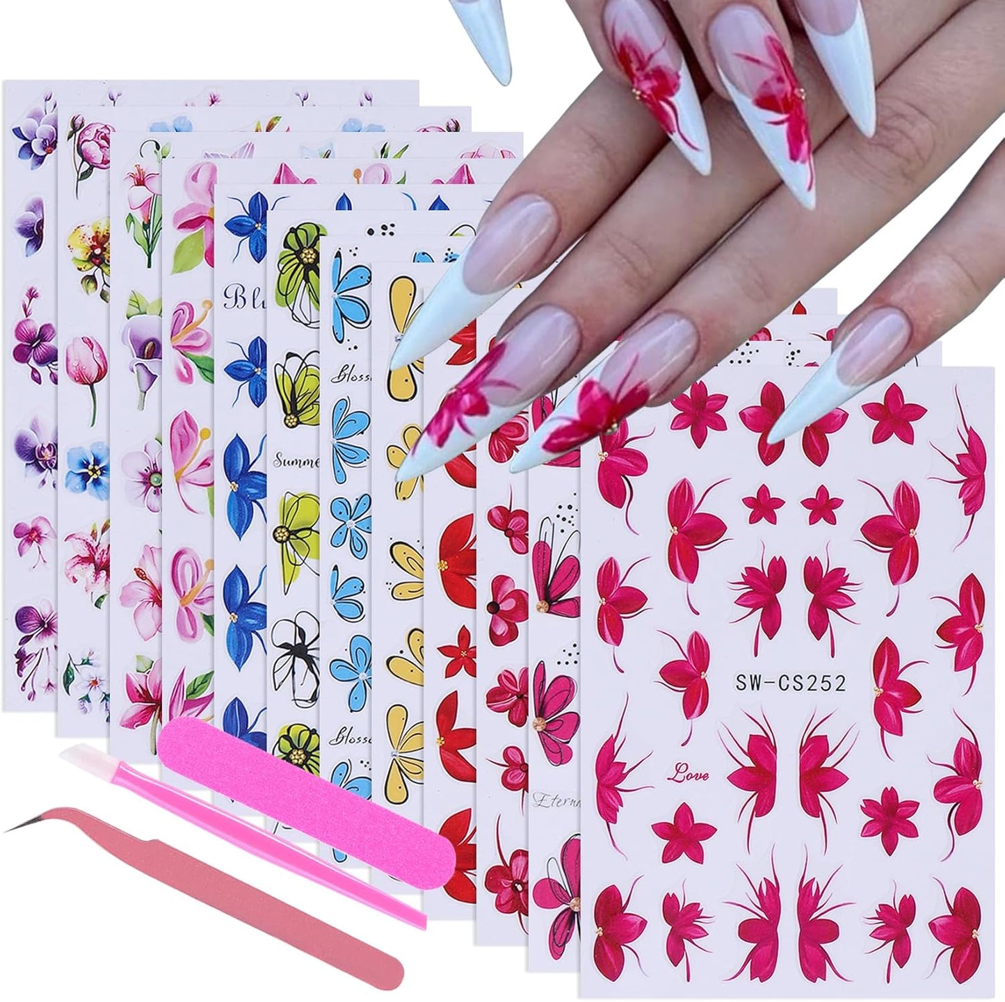 Flower Petal Nail Art Sticker 12 PCS Simple French Floral Nail Decals Lily Orchid Leaves Flamingo Designs with Tweezers Hot Pink Blue Purple Green Flower Sliders Nail Art Decoration DIY Accessories