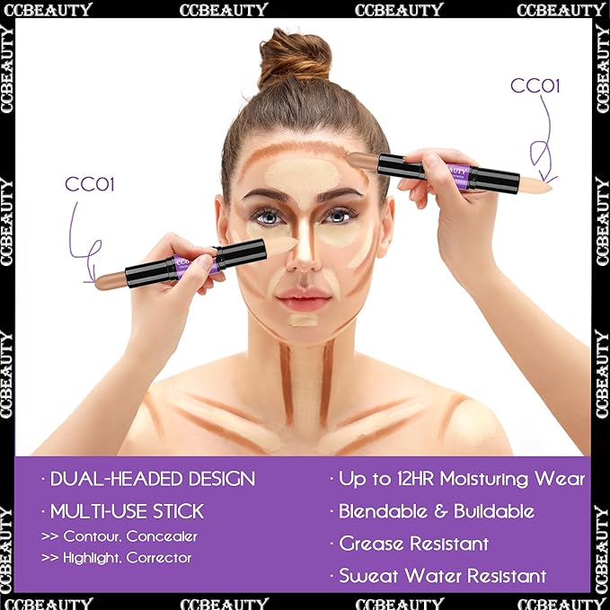 CCbeauty 2-IN-1 Matte Contour Stick Makeup,Cream Dual Highlighter Bronzer Stick, Highlighting & Contouring Kit, Highlight Concealer Sticks for Face Shaping, Long Lasting & Waterproof