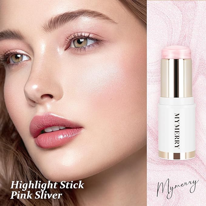 Clear Dewy Marble Highlighter Stick 15g/0.53fl.Oz, Highlighters Makeup Stick for Face and Body, Micro Pearls & Shimmer Glow, Buildable Color for All Day, Vegan & Cruelty-Free, Pink Silver