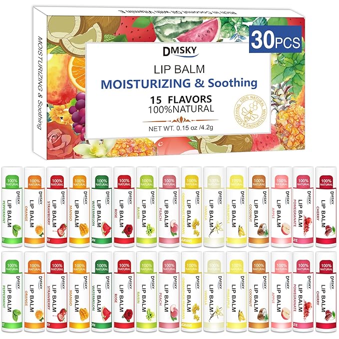 DMSKY 30 Pack Lip Balm, Natural Lip Balm Bulk with Vitamin E and Coconut Oil, Moisturizing Lip Balm for Chapped Lips-15 Flavors