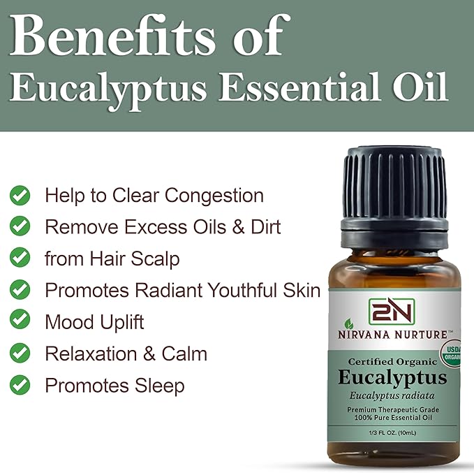Eucalyptus Essential Oil USDA Certified Organic 100% Pure Premium Therapeutic Grade, Undiluted - Aromatherapy Diffuser for Calm and Relaxation, Skin Care, Hair Care