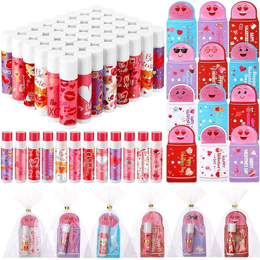 48 Pcs Valentine's Day Cherry Flavored Moisturizing Lip Balm Gloss Lipstick with 48 Pcs Valentine's Day Card Bulk Party Supplies Lip Care Gift Men Women and Children, 12 Styles