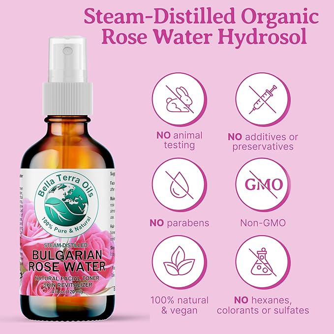 Bella Terra Oils - Organic Rose Water Mist 4 oz - Capture The Bulgarian Rose Essence, Perfect as a Gentle Rosewater Face Mist, Free from Synthetics