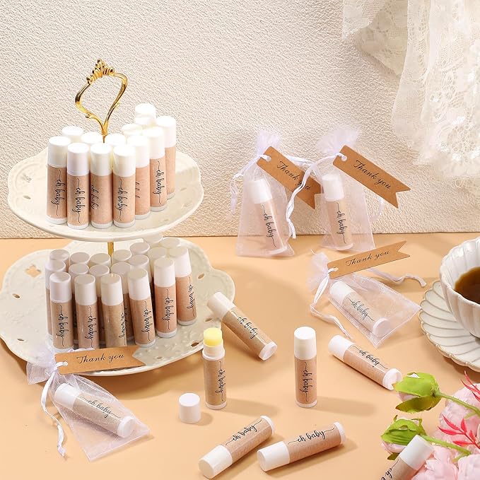 50 Sets Baby Shower Lip Balm Favor with Thank You Tags and Organza Bags, Lip Balm Bulk Baby Shower Gifts for Guests Prizes Gender Reveal Souvenirs Neutral Birthday Supplies