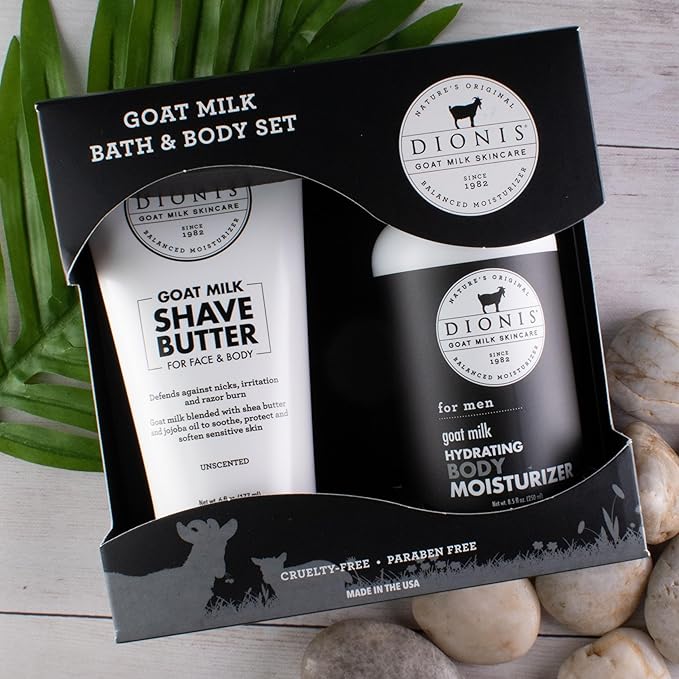 Dionis Goat Milk Skincare Men's Bath & Body Gift Set - Shea Butter & Jojoba Oil Shave Butter For Sensitive Skin, Protects Against Irritation & Razor Burns - Unscented Hydrating Moisturizer For Men