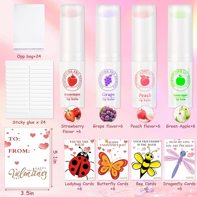 24 Pack Valentines Day Gifts for Kids lip balm bulk,chapstick bulk,party favors for kids boys girls,Natural Moisturizing Lip Balm for dry cracked lips,goody bag filler,Wedding Gifts