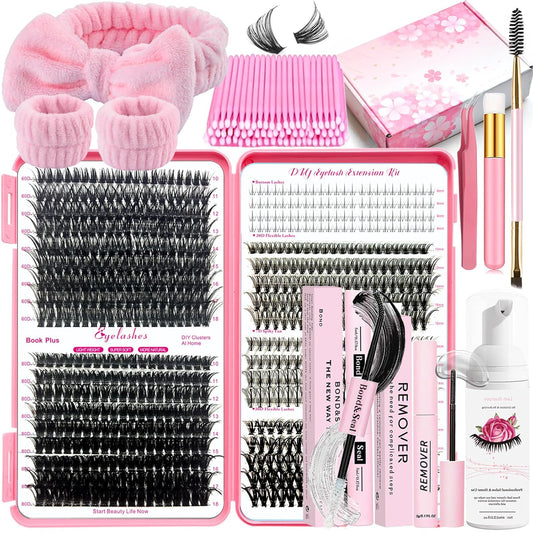 DIY Lash Extension Kit 727Pcs Lashes Clusters with Bottom Lashes Lash Bond and Seal Glue Remover Lash Shampoo Cleansing Brush Headband Wristband Tweezers Eyelash Brush Applicator