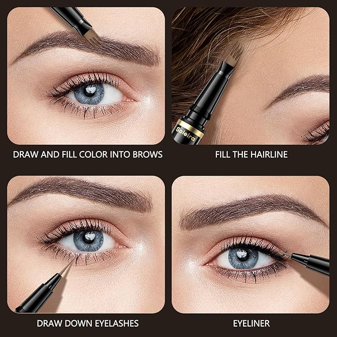 Eyebrow Pen, Soleira Waterproof Eyebrow Pencil with 4 Tip Microblading Eyebrow Pen and Dual-ended Eyebrow Brush, for Natural-Looking Brows, Long-Lasting, Dark Brown