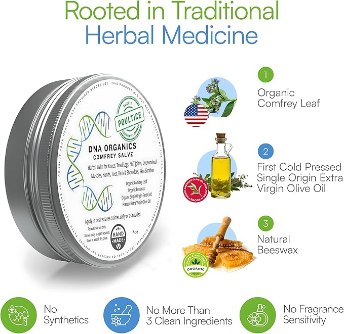 DNA Organics Comfrey Salve – Herbal Balm for Muscles, Knees & Joints – Organic, Handcrafted, Slow Infused, No Fillers – Scent-Free – for Dry Skin & Post-Workout Care – 4oz