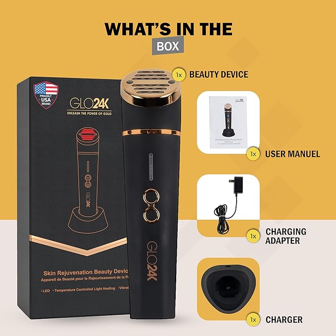 GLO24K Red Light Beauty Device for Face & Neck – 3-in-1 Facial and Neck Massager with Triple LED & Advanced Vibration Technology