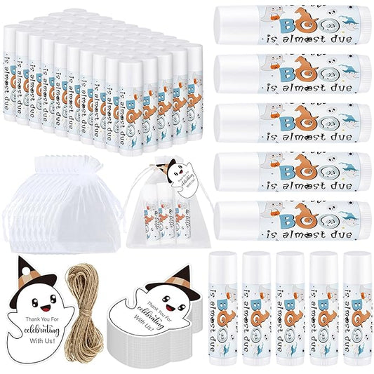 Demissle 50 Pcs Baby Shower Lip Balm Gift Set with 100 Pcs Organza Bags Baby Shower Party Favor for Guest Thank You Tag Rope Baby Shower Party Decoration Gender Reveal Souvenirs (Ghost)