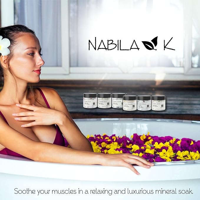 Assorted Bath Salts (Set of 6) by Nabila K - Dead Sea Salt & Epsom Salt Scrub & Soak - Exfoliates & Hydrates Skin, Botanical Essential Oils - Bubble Bath Accessories for All Skins Types, 2 oz