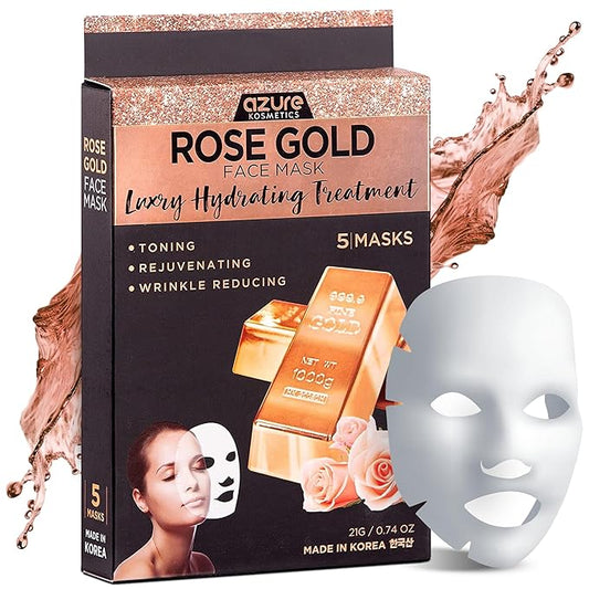 Azure Cosmetics Rose Gold Luxury Hydrating Facial Sheet Mask - Firming, Lifting & Deeply Moisturizing - Helps Reduce Fine Lines & Wrinkles, Signs of Aging & Dry Patches - Made in Korea - Pack of 5