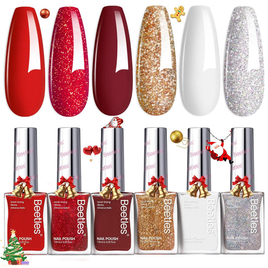 Beetles Red Nail Polish: 6Pcs Glitter Burgundy Red Sparkle Nail Polish Set, Quick Dry & Long Lasting Brilliant Overture White Silver Diy 4th of July Nail Art Design Gifts for Women
