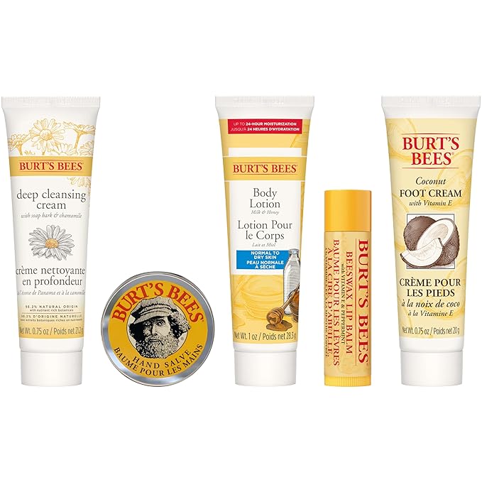 Burt's Bees Back to School Gifts Ideas, 5 Body Care College Dorm Products, Everyday Essentials Set - Original Beeswax Lip Balm, Deep Cleansing Cream, Hand Salve, Body Lotion & Foot Cream, Travel Size