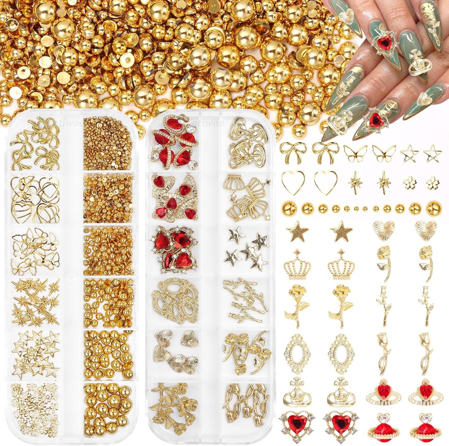 2 Boxes Metal Gold Nail Charms and Gems, 3D Alloy Crown Heart Planet Nail Gems Charms, Golden Bows Star Nail Studs, Gold Pearls Beads for Nails Art Designs DIY Accessories