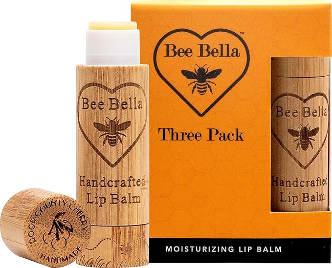 Bee Bella Lip Balm, Cherry, 3 Pack - Hydrating, Moisturizing Lip Care, 100% Natural, Original Organic Beeswax with Vitamin E, Handmade in USA