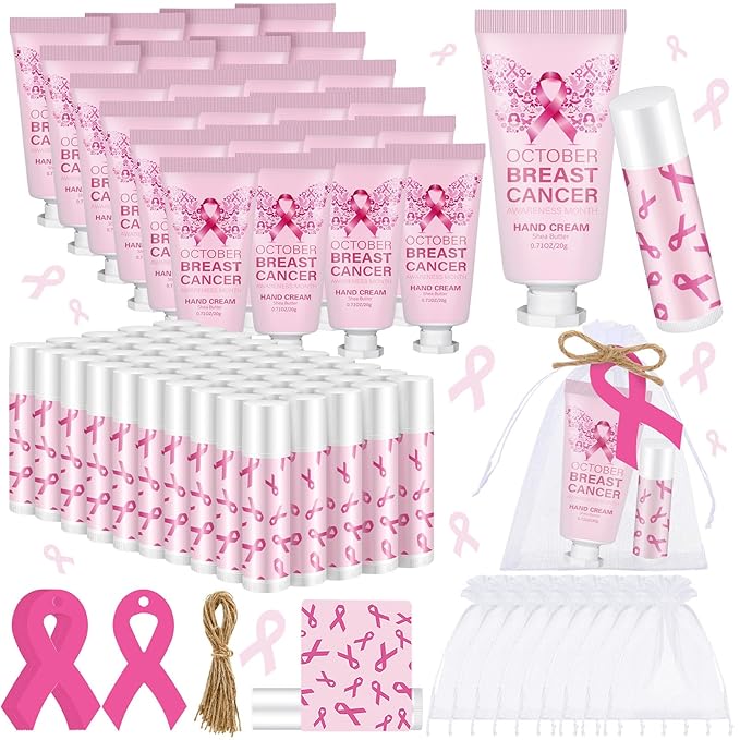 50 Set Breast Cancer Awareness Gifts Bulk Woman Pink Ribbon Lip Balm Hand Cream Include 50 Lip Balm 50 Hand Cream 50 Bag 50 Tag Breast Cancer Awareness Month Items Survivors Offices