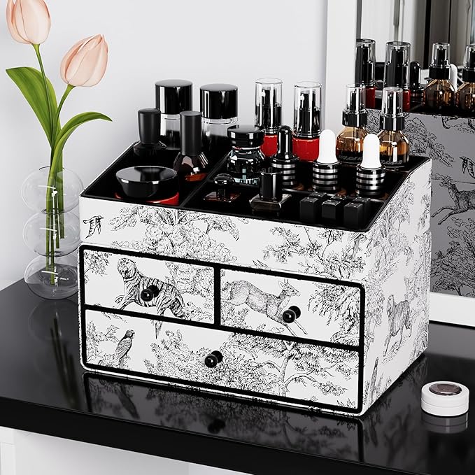 GORESE Leather Makeup Organizer with 3 Drawers for Vanity, Stackable Skincare Holder Dresser Organizer Countertop, Make Up Storage Organizers Counter Cosmetic Display Case Gift for Women(Retro Black)