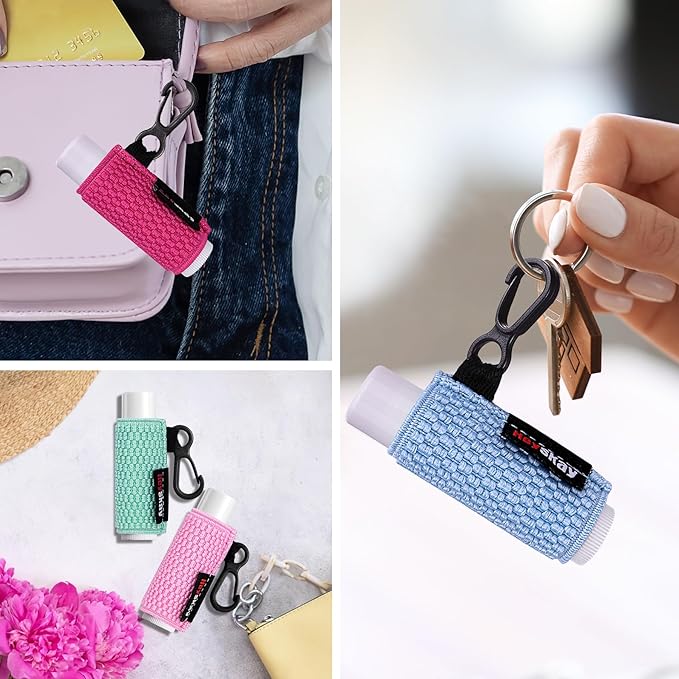 3PCS Lip Balm Holder Sleeves Keychain Lipstick Sleeves Lip Gloss HolderKeychain Chapstick Elastic Sleeves(Black/Brown/Blue)