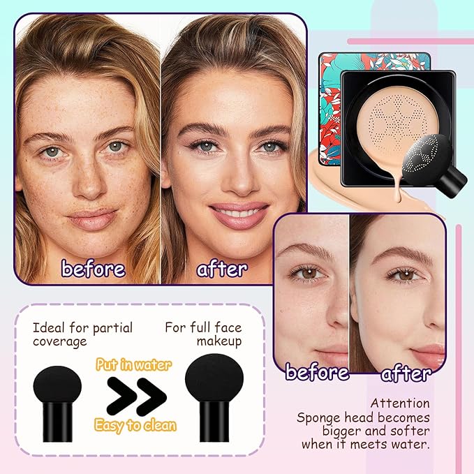 Air Cushion CC Cream Mushroom Head Foundation,Waterproof Long Lasting Loose Setting Powder,Moisturizing BB Cream Liquid Foundation Makeup Primer Concealer Base with Makeup Sponge（4PCS）