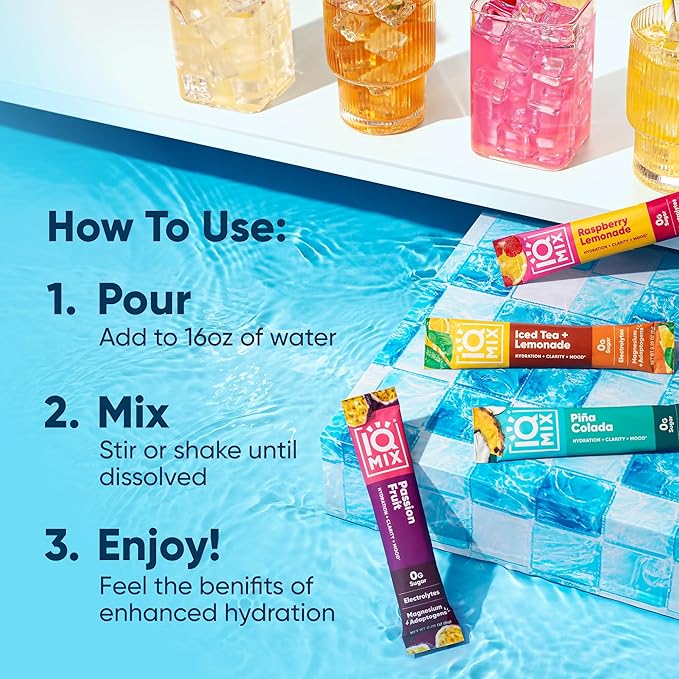 IQMIX Hydration Electrolyte Powder – 4-in-1 Formula for Hydration, Mental Clarity, Mood and Recovery – Sugar-Free Drink Mix, Keto, Magnesium L-Threonate, Lion’s Mane – 20 Count Vacation Variety Pack