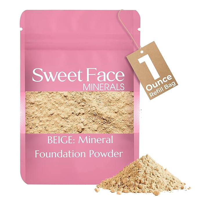 (1 Ounce Bag) BEIGE Foundation Powder Refill By Sweet Face Minerals, Lightweight Mineral Loose Makeup Powder with SPF 20, Full Coverage Flawless Finish, Talc-free, Cruelty-Free, Refillable Pouch