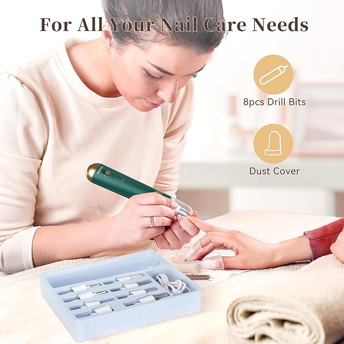 Electric Nail Drill, 8-in-1 Cordless Electric Nail File with LED Light, 5 Speeds Rechargeable Manicure and Pedicure Kit Hand Foot Care Tool for Nail Grinder Trim Polish for Women Baby