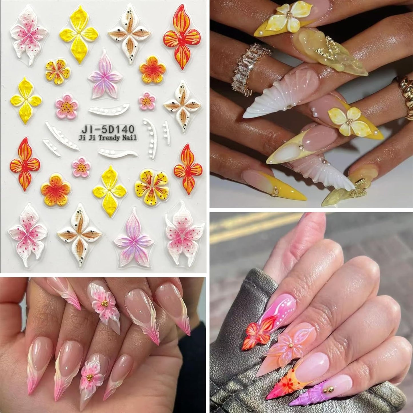 Flower Nail Art Stickers Decals 5D Embossed Nail Decals Spring Summer Pink Purple Nails Design Self-Adhesive Supplies Accessories 3D Flower for Women Nails DIY Decoration(5 Sheets)