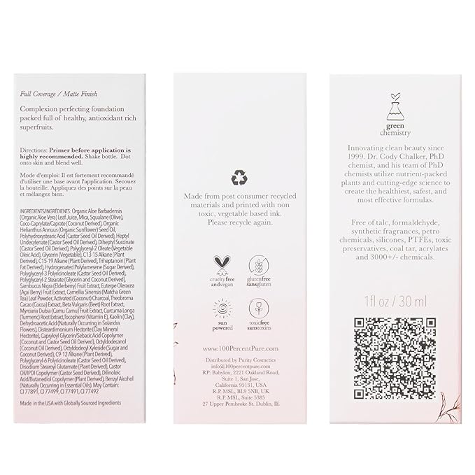 100% PURE Healthy Foundation Full Face Coverage Makeup, Liquid Matte Finish with Anti-Aging Benefits - Vegan Gorgeous Fruit Pigmented Sand Color (Light Medium with Neutral Undertone) - 1 Fl Oz