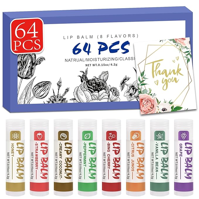 64 Pack Lip Balm, Natural Lip Balm Bulk with Vitamin E and Coconut Oil, Moisturizing Soothing Chapped Lips-8 Flavors
