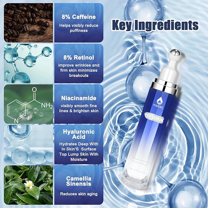 eye serum for dark circles and puffiness - 8% Caffeine, 8% Retinol - Dark Circle Remover, Puffy Eyes & Bags - Under Eye Cream, 1.5 fl. oz