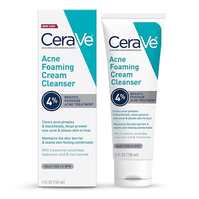 CeraVe Acne Foaming Cream Cleanser, 4% Benzoyl Peroxide Face Wash With Hyaluronic Acid, Niacinamide & Ceramides, Gentle Daily Acne Treatment For Face