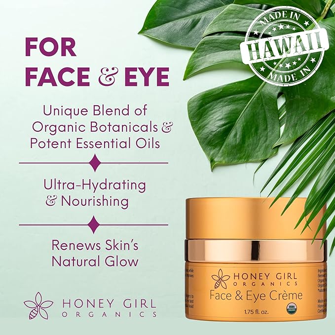 Honey Girl Organics Face & Eye Crème, USDA Certified Organic Facial Moisturizer & Under Eye Cream for Wrinkles, Dark Circles and Puffiness w/Hydrating Honey, Beeswax, Essential Oils & EVOO. 1.75oz