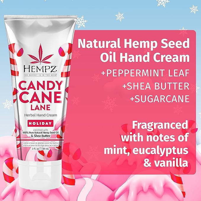 Hempz Limited Edition Candy Cane Lane Hand Cream Lotion (3 Oz) – Mini Holiday Scented Travel Cream Skin Care for Women & Men, Made with Shea Butter for Combatting Dry Hands while Travelling
